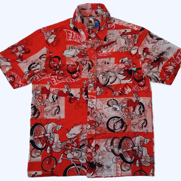 Vintage Flamehead JNCO Button Shirt Medium Red 90s Skater BMX Bike Cartoon Skate - Picture 1 of 16